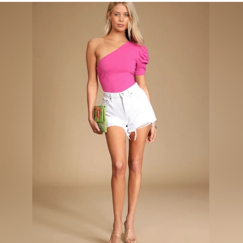 NWT Free People Somethin Bout You Pink Puff Sleeve One-Shoulder Bodysuit